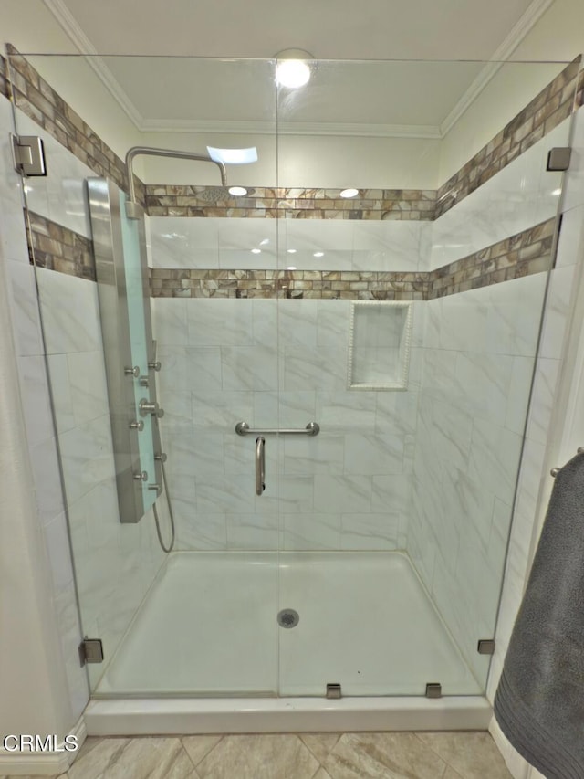 37134 Village 37, Camarillo, CA 93012 - bathroom featuring ornamental molding and a shower stall