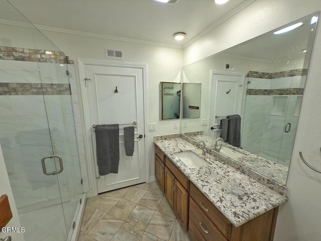 37134 Village 37, Camarillo, CA 93012 - full bathroom with crown molding, vanity, and a shower stall