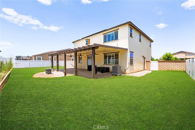 27555 Mountainside St, Menifee, CA 92584 - back of property featuring a ceiling fan, a patio area, a fenced backyard, stucco siding, and a fire pit