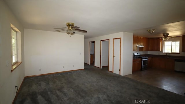 16141 Jessie St, Lower Lake, CA 95457 - kitchen featuring stainless steel range with gas cooktop, ceiling fan, dishwasher, and under cabinet range hood