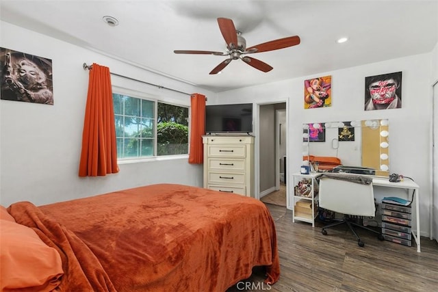 5228 N G St, San Bernardino, CA 92407 - bedroom with dark wood-style floors, recessed lighting, and a ceiling fan