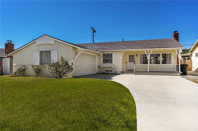 473 W Roberta Ave, Fullerton, CA 92832 - ranch-style home with covered porch, an attached garage, a front yard, concrete driveway, and stucco siding