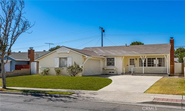 473 W Roberta Ave, Fullerton, CA 92832 - ranch-style home with a garage, a porch, stucco siding, driveway, and a chimney