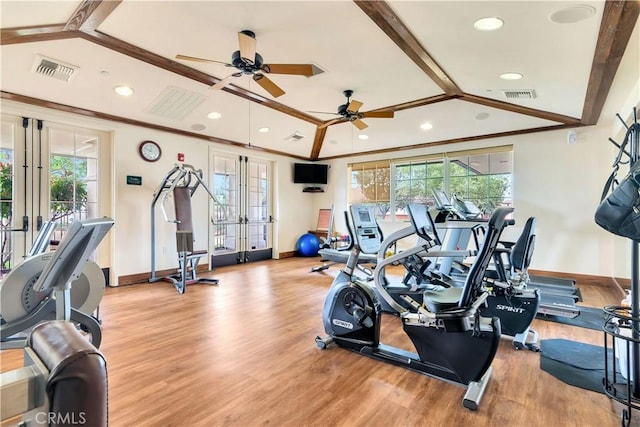2757 Traditions, Paso Robles, CA 93446 - gym featuring a ceiling fan, healthy amount of natural light, vaulted ceiling, light wood finished floors, and recessed lighting