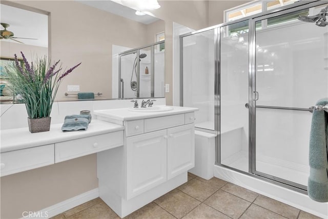 2757 Traditions, Paso Robles, CA 93446 - full bath featuring vanity, a shower stall, a ceiling fan, and tile patterned flooring