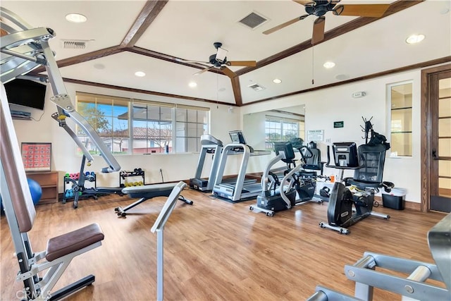 2757 Traditions, Paso Robles, CA 93446 - gym featuring ceiling fan, recessed lighting, crown molding, wood finished floors, and lofted ceiling