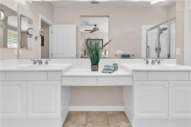 2757 Traditions, Paso Robles, CA 93446 - bathroom with vanity, a shower stall, a ceiling fan, and tile patterned floors