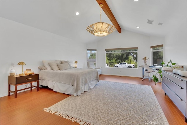 406 Eucalyptus Dr, Redlands, CA 92373 - bedroom featuring beamed ceiling, wood finished floors, recessed lighting, and high vaulted ceiling