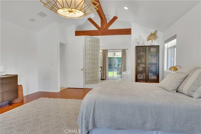 406 Eucalyptus Dr, Redlands, CA 92373 - bedroom with high vaulted ceiling and wood finished floors