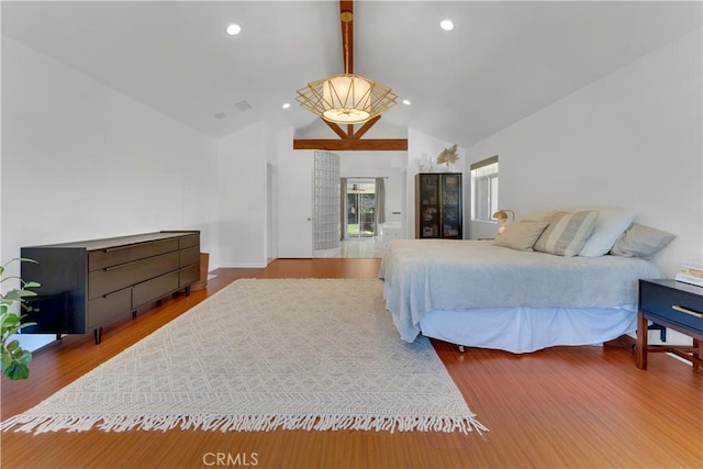 406 Eucalyptus Dr, Redlands, CA 92373 - bedroom with lofted ceiling, wood finished floors, and recessed lighting