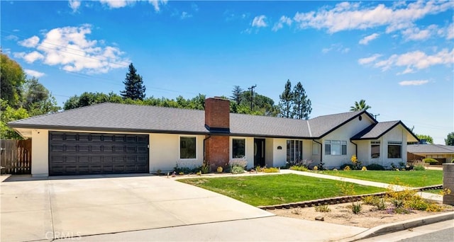 406 Eucalyptus Dr, Redlands, CA 92373 - ranch-style house featuring a chimney, an attached garage, driveway, and stucco siding