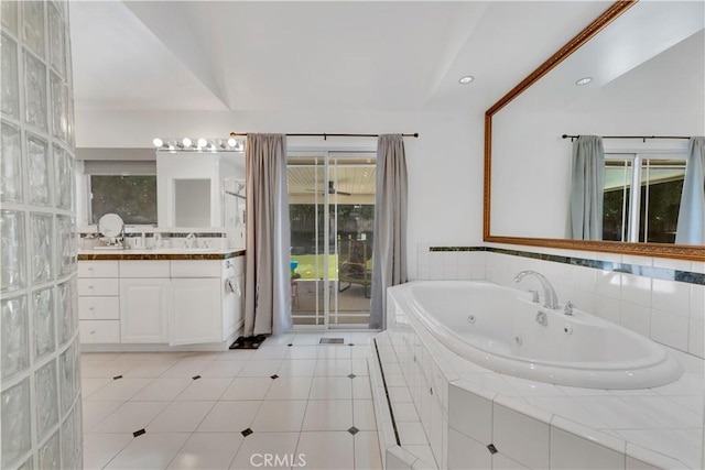 406 Eucalyptus Dr, Redlands, CA 92373 - full bath featuring vanity, a whirlpool tub, tile patterned flooring, and recessed lighting