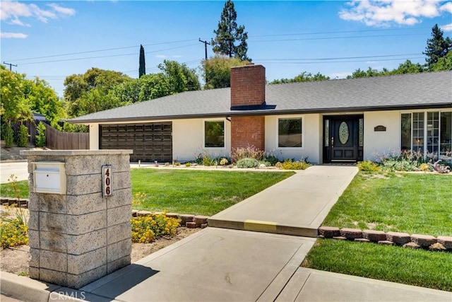 406 Eucalyptus Dr, Redlands, CA 92373 - single story home featuring a chimney, a front yard, a garage, and stucco siding