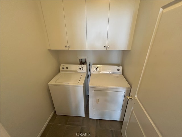 39877 Worthington Pl, Temecula, CA 92591 - washroom featuring independent washer and dryer, cabinet space, and dark tile patterned flooring