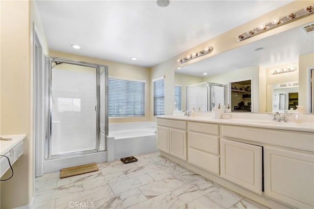 15247 Bandera Way, Victorville, CA 92394 - full bathroom featuring marble finish flooring, a stall shower, double vanity, a bath, and a walk in closet