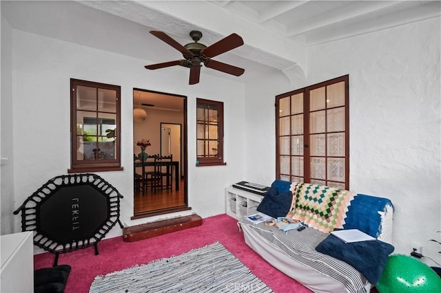 5022 E Broadway, Long Beach, CA 90803 - sitting room featuring ceiling fan, carpet, and beam ceiling