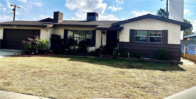 25521 17th St, San Bernardino, CA 92404 - single story home with an attached garage, stucco siding, a chimney, and a front yard