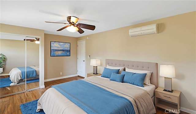 1305 W Beverly Dr, Orange, CA 92868 - bedroom with wood finished floors, a wall mounted air conditioner, a ceiling fan, and a closet
