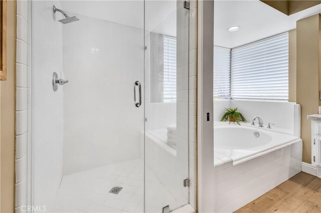 24676 Vista Cerritos, Calabasas, CA 91302 - bathroom with a shower stall, a garden tub, wood finished floors, and vanity
