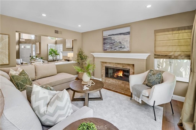 24676 Vista Cerritos, Calabasas, CA 91302 - living area featuring wood finished floors, recessed lighting, and a tiled fireplace