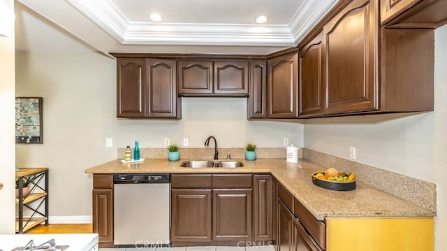 8800 Garden Grove Blvd Unit 2, Garden Grove, CA 92844 - kitchen with dishwasher, crown molding, dark brown cabinetry, light stone counters, and a raised ceiling