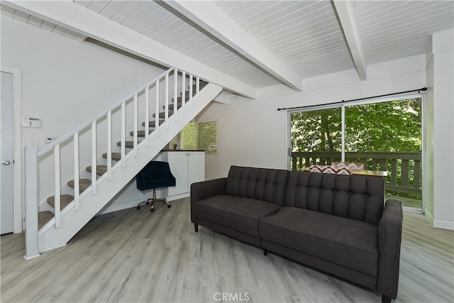 776 Lords Ln, Lake Arrowhead, CA 92352 - living room with stairway, beam ceiling, wood finished floors, and an office area