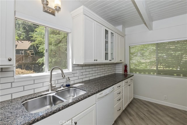 776 Lords Ln, Lake Arrowhead, CA 92352 - kitchen with white dishwasher, decorative backsplash, white cabinets, wood finished floors, and dark stone counters