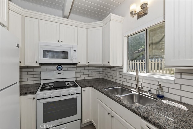 776 Lords Ln, Lake Arrowhead, CA 92352 - kitchen featuring white appliances, backsplash, white cabinetry, beamed ceiling, and dark stone counters