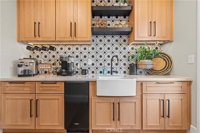 22388 Riverstream Ct, Saugus, CA 91350 - kitchen featuring light countertops, decorative backsplash, light brown cabinets, and open shelves