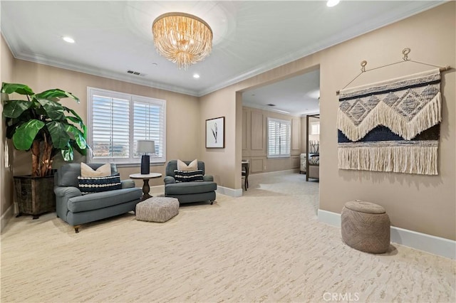 22388 Riverstream Ct, Saugus, CA 91350 - living area with a chandelier, crown molding, recessed lighting, and carpet flooring