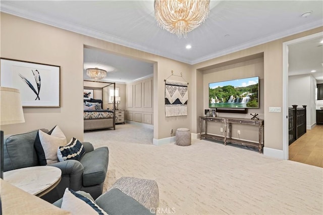 22388 Riverstream Ct, Saugus, CA 91350 - living room with a chandelier, ornamental molding, recessed lighting, and carpet floors