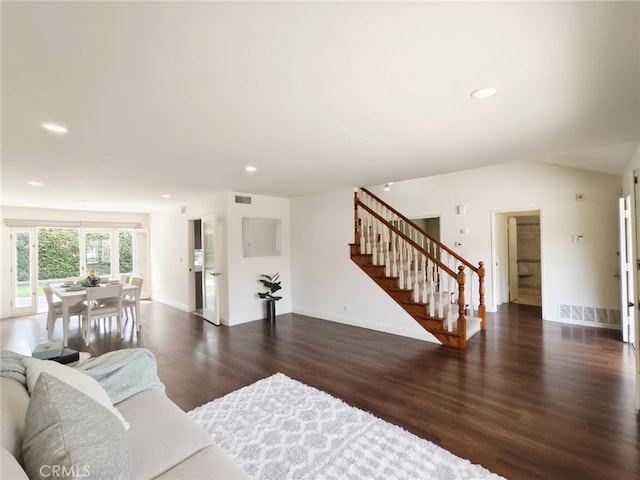 15202 Marne Cir, Irvine, CA 92604 - living area featuring stairs, dark wood-type flooring, and recessed lighting