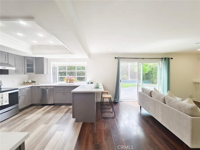 15202 Marne Cir, Irvine, CA 92604 - kitchen featuring gray cabinetry, stainless steel appliances, ornamental molding, under cabinet range hood, and a kitchen bar