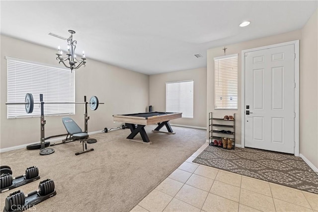 3020 Peaceful Way, Lancaster, CA 93535 - game room with light carpet, a chandelier, billiards table, light tile patterned floors, and recessed lighting