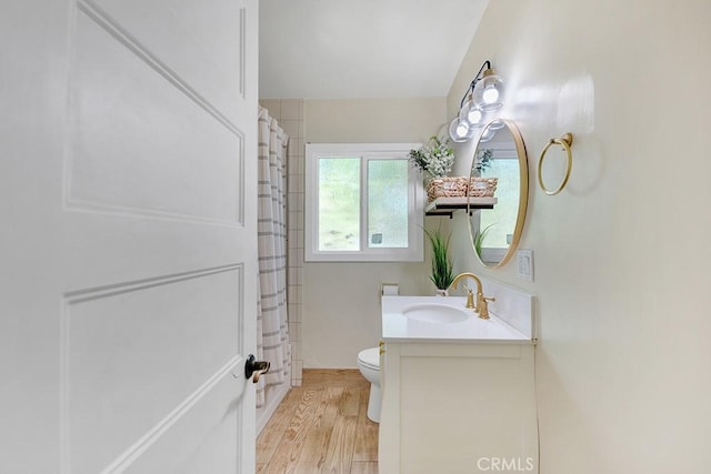 10923 Haskell Ave, Granada Hills, CA 91344 - full bathroom with vanity, wood finished floors, and a shower with shower curtain