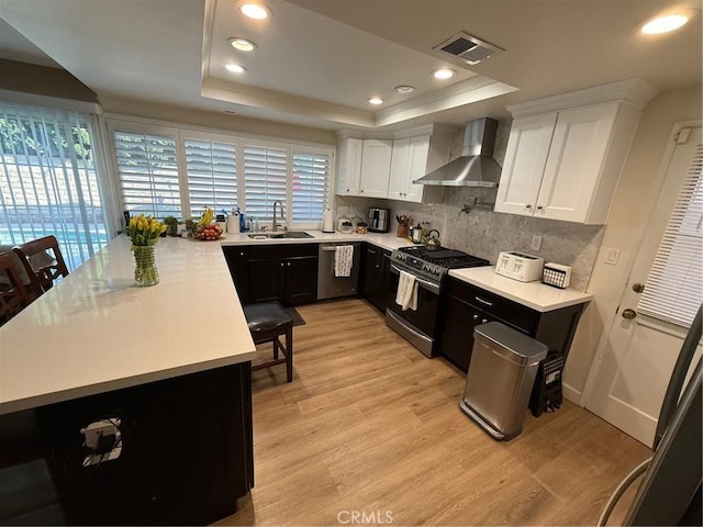 12314 Edgefield St, Cerritos, CA 90703 - kitchen featuring wall chimney exhaust hood, stainless steel appliances, a tray ceiling, light wood-type flooring, and light countertops