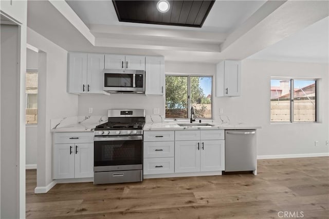 43906 Broadwater Ave, Lancaster, CA 93535 - kitchen featuring appliances with stainless steel finishes, a tray ceiling, white cabinets, and light stone counters