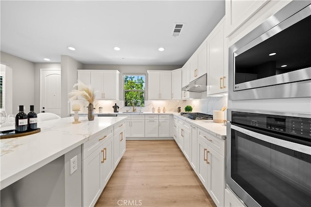 22 Lomada St, Rancho Mission Viejo, CA 92694 - kitchen featuring stainless steel appliances, under cabinet range hood, white cabinetry, recessed lighting, and light wood-type flooring