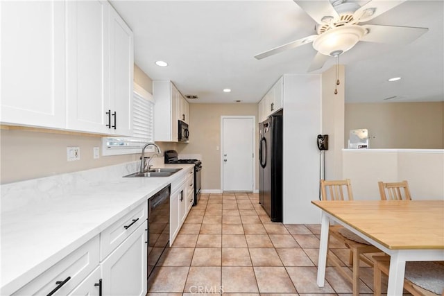 1524 Casarin Ave, Simi Valley, CA 93065 - kitchen with black appliances, white cabinetry, a ceiling fan, light tile patterned flooring, and recessed lighting