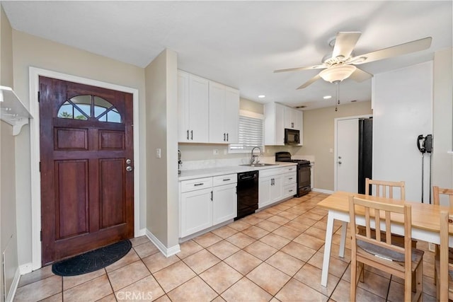 1524 Casarin Ave, Simi Valley, CA 93065 - kitchen featuring black appliances, light countertops, light tile patterned flooring, ceiling fan, and recessed lighting