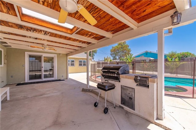 1524 Casarin Ave, Simi Valley, CA 93065 - fenced backyard with ceiling fan, exterior kitchen, a pool with connected hot tub, and a patio area