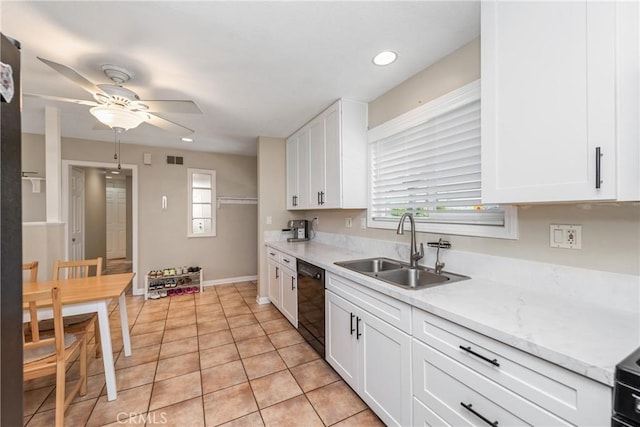 1524 Casarin Ave, Simi Valley, CA 93065 - kitchen with black dishwasher, a ceiling fan, white cabinets, light tile patterned flooring, and recessed lighting