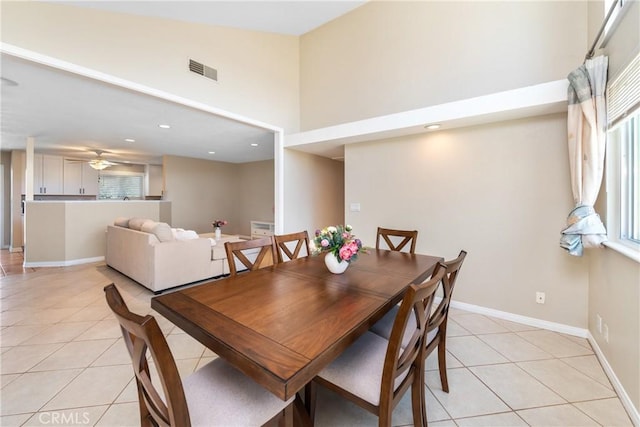1524 Casarin Ave, Simi Valley, CA 93065 - dining room featuring light tile patterned floors, a high ceiling, a ceiling fan, and recessed lighting