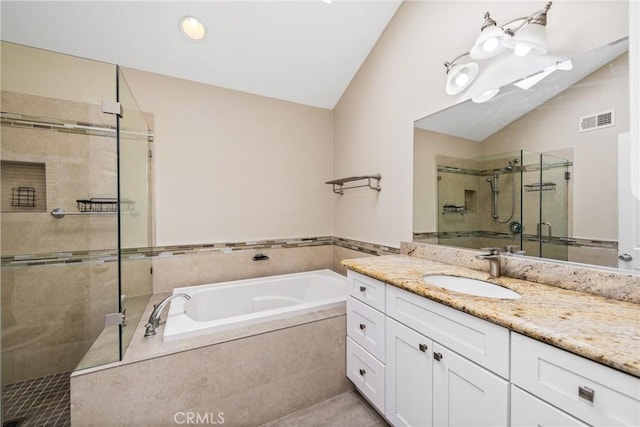 1524 Casarin Ave, Simi Valley, CA 93065 - full bath featuring lofted ceiling, a garden tub, a shower stall, and vanity