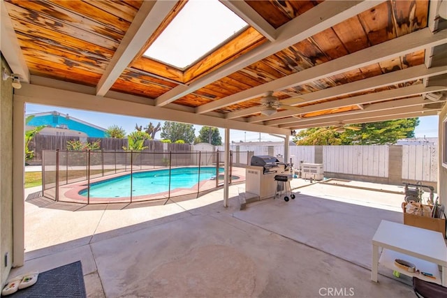 1524 Casarin Ave, Simi Valley, CA 93065 - view of swimming pool with area for grilling, a patio, a fenced backyard, and ceiling fan
