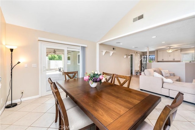 1524 Casarin Ave, Simi Valley, CA 93065 - dining area featuring ceiling fan, light tile patterned floors, lofted ceiling, and recessed lighting