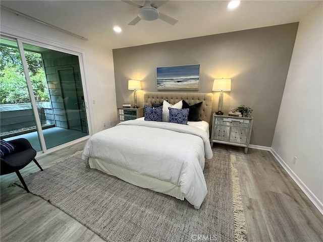 19311 Sunray Ln Unit 104, Huntington Beach, CA 92648 - bedroom featuring wood finished floors, access to exterior, recessed lighting, and ceiling fan