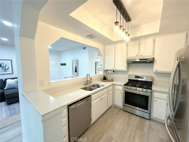 19311 Sunray Ln Unit 104, Huntington Beach, CA 92648 - kitchen with stainless steel appliances, under cabinet range hood, light wood finished floors, light countertops, and white cabinets