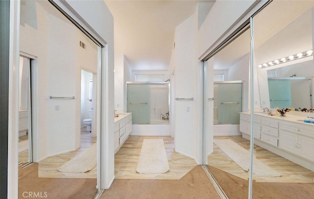 220 S Linhaven Cir, Anaheim, CA 92804 - bathroom with vanity, a tub, a towering ceiling, and a shower