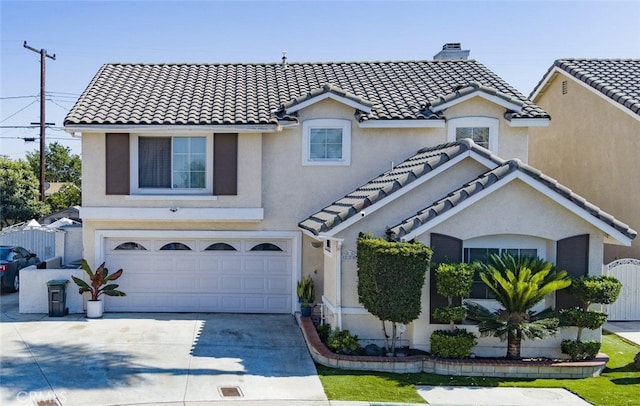 220 S Linhaven Cir, Anaheim, CA 92804 - mediterranean / spanish house featuring a tile roof, a chimney, a garage, and stucco siding